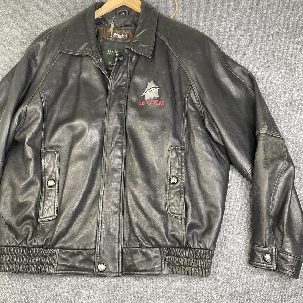 Danier Leather Jacket Mens Large Black Bomber Thinsulate Canada BB Cutters VTG - Picture 4 of 16